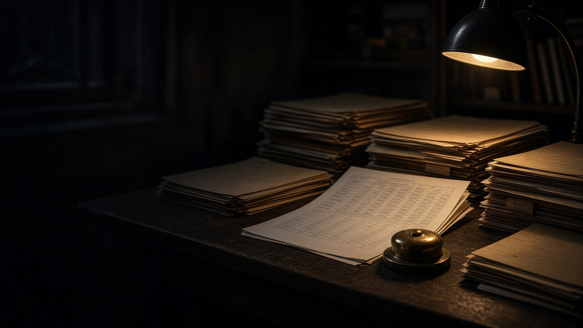 Dim desk of paper filings. Unofficial illustration.