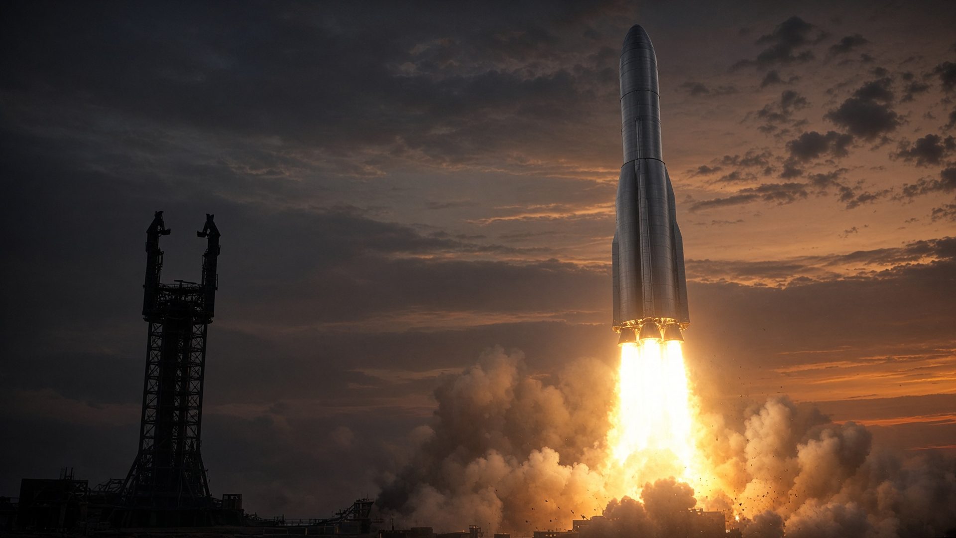 Heavy booster lifting off beside a catch tower. Unofficial illustration.