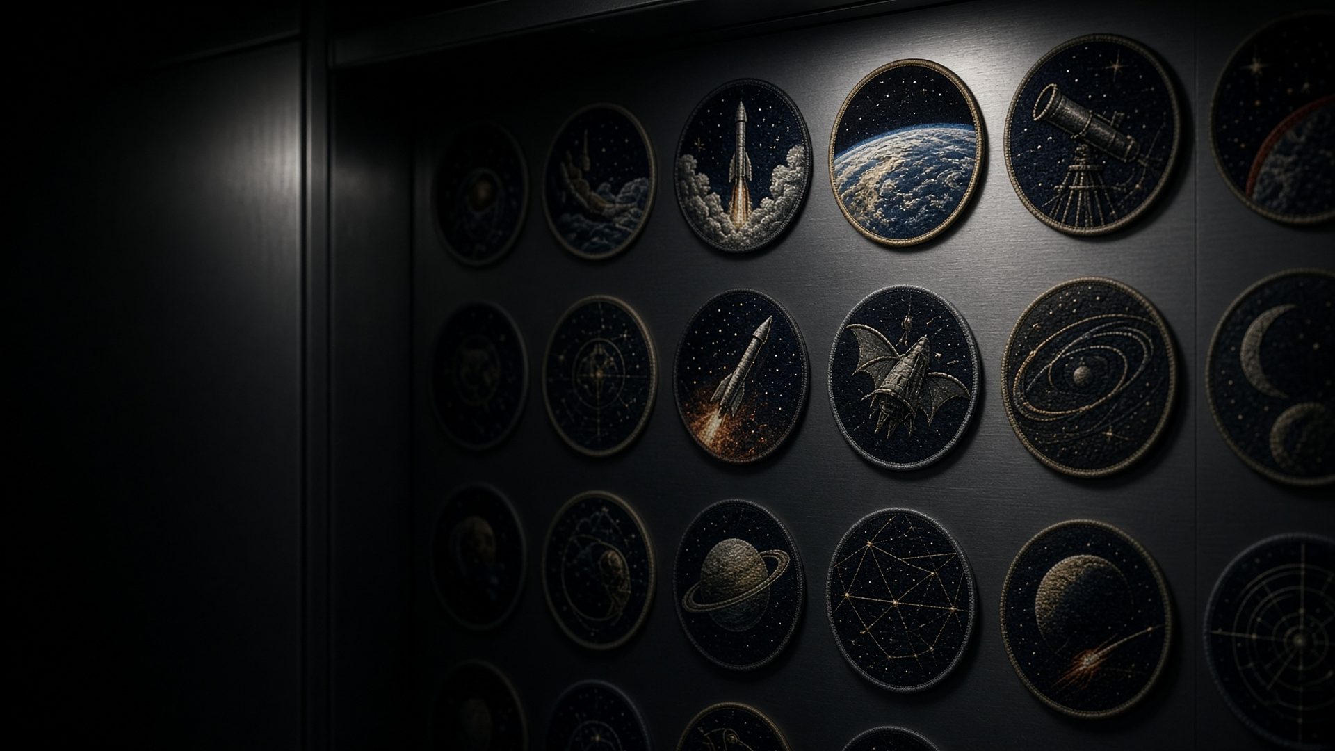 Dark metal wall of unofficial mission patches. Unofficial illustration.