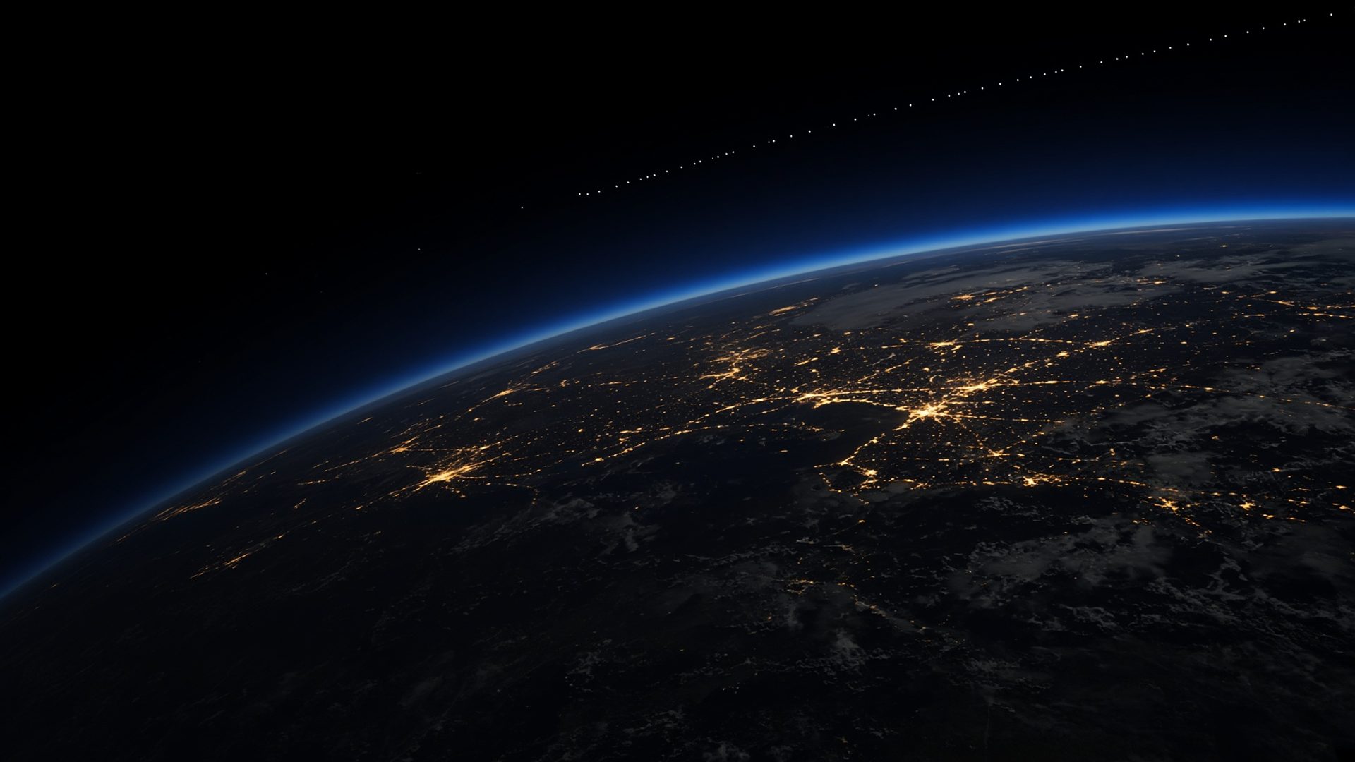 Earth at night with a satellite train across the limb. Unofficial illustration.